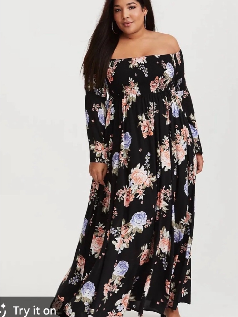 Black Peach Blue Floral Challis Off Shoulder Maxi Dress torrid 2x plus - Picture 6 of 9